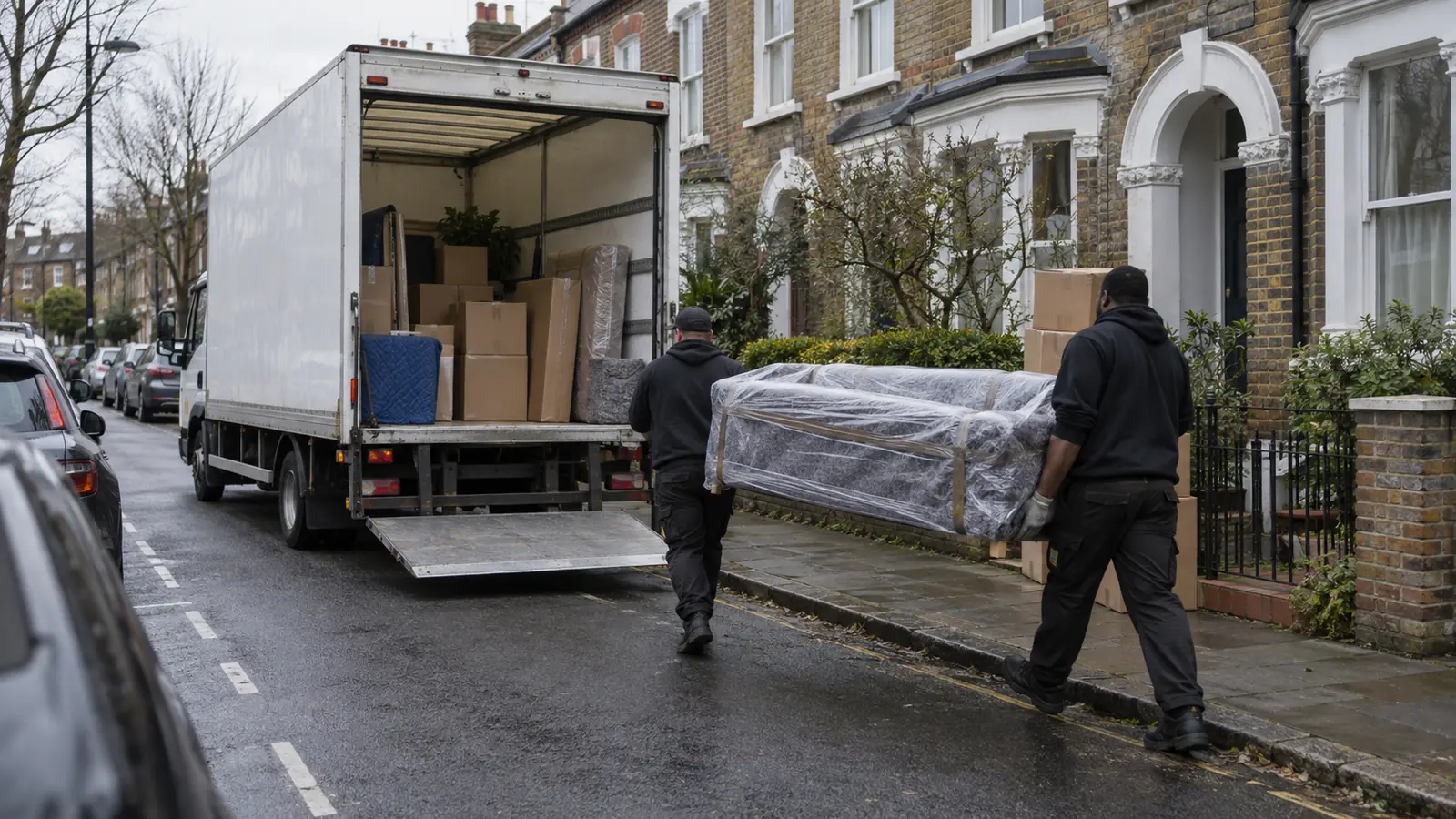 A white Luton removals van with its tail lift down on a South London terraced street as two movers carry a wrapped sofa.
