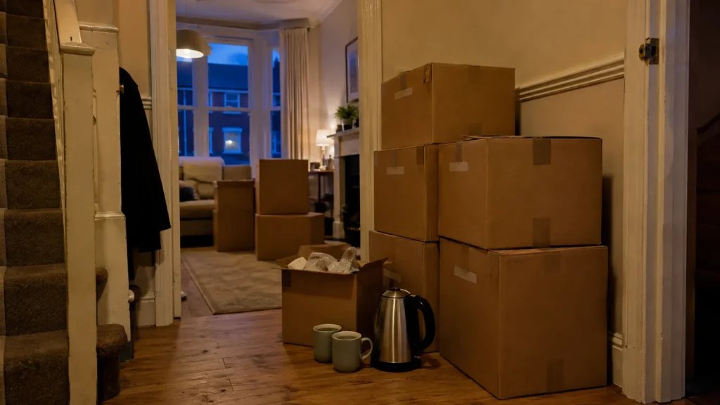 Labelled moving boxes stacked in a hallway at dusk, kettle and mugs kept out, the night before a move done properly