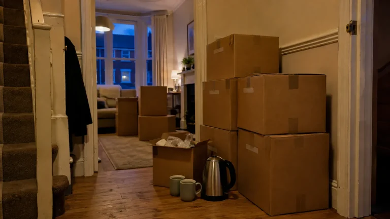 Labelled moving boxes stacked in a hallway at dusk, kettle and mugs kept out, the night before a move done properly