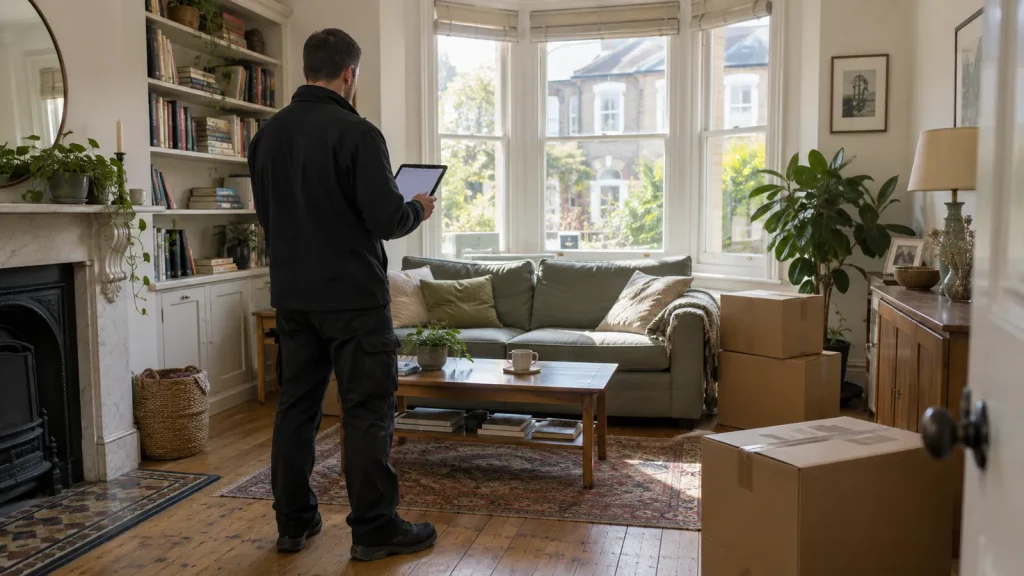 A removals surveyor with a tablet looking over a sofa and packing boxes in a bright Victorian front room.