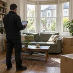 A removals surveyor with a tablet looking over a sofa and packing boxes in a bright Victorian front room.