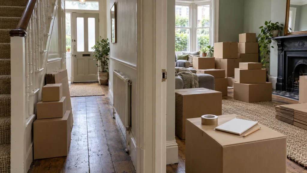 Stacks of cardboard moving boxes in the hallway and front room of a terraced house, with tape and a notepad to count them.