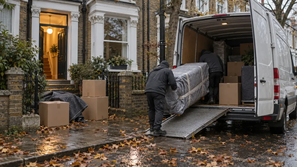 A removal crew loads a wrapped sofa up a ramp into a van on a wet, leaf-strewn South London street in autumn.