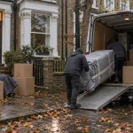 A removal crew loads a wrapped sofa up a ramp into a van on a wet, leaf-strewn South London street in autumn.